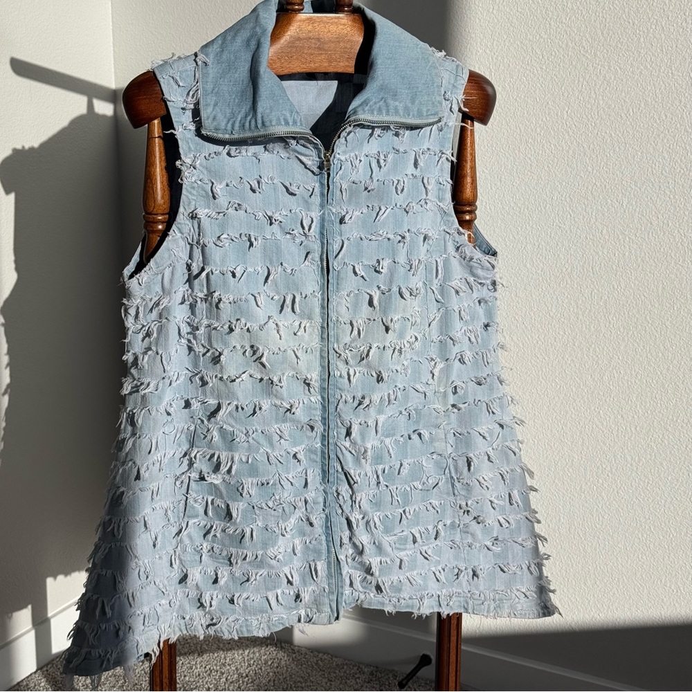 For Cynthia Textured Denim Vest Shirt Zip Front Sleeveless Lagenlook L Festival